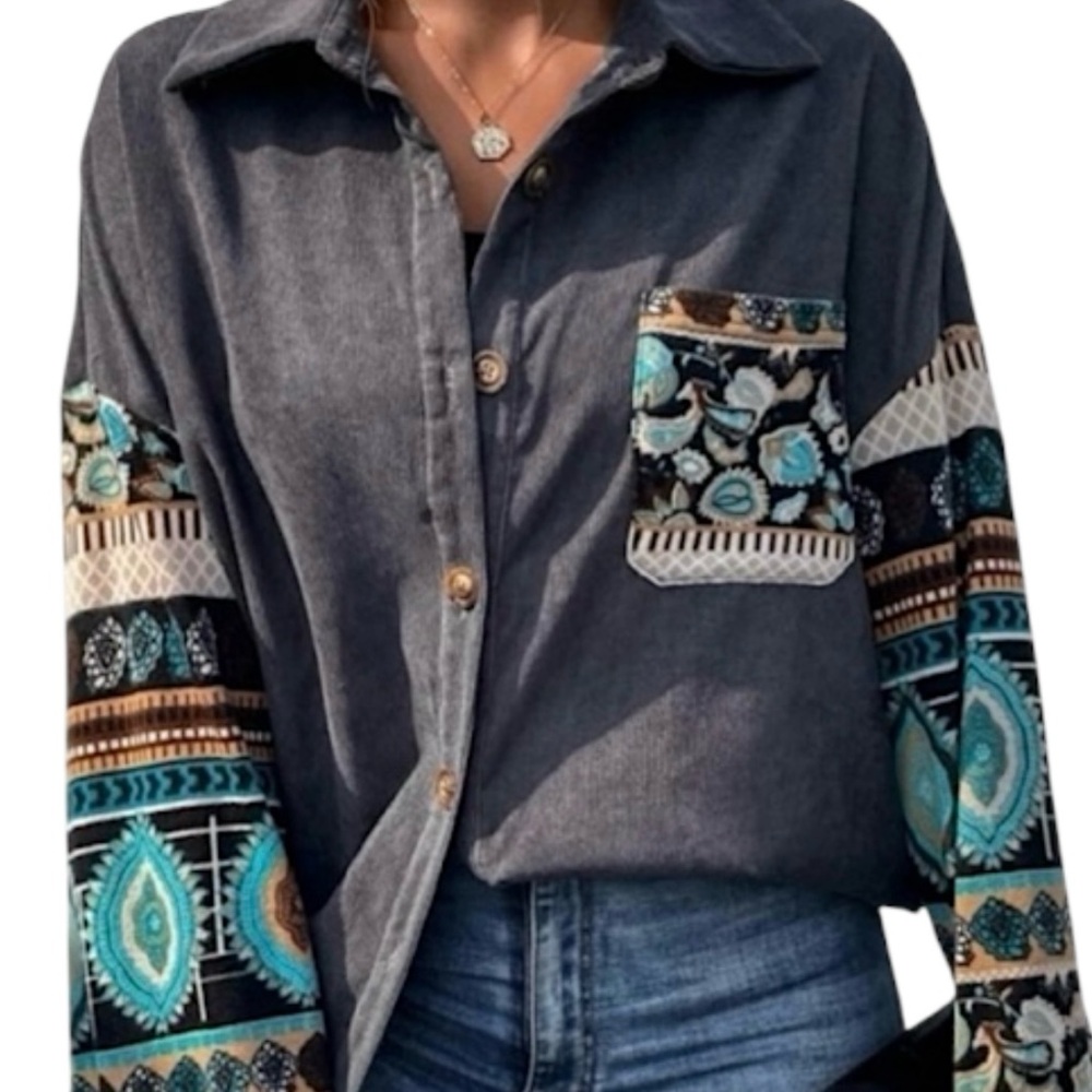 Bohemian Gray, Neutral Blue Chic Blouse Patched Paisley Bell Sleeves Button Up